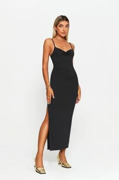 SOLADO Plunging Neck Ruched Split Hem Midi Dress