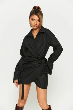 Solado Lapel Neck Tie Detail Ruched Long Sleeve Mini Dress