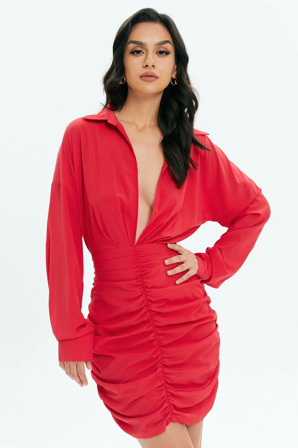Solado Plunging Neck Ruched Mini Dress 1 Solado Plunging Neck Ruched Mini Dress