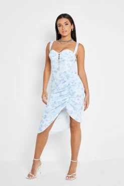 Solado Floral Print Button Front Asymmetrical Hem Midi Dress