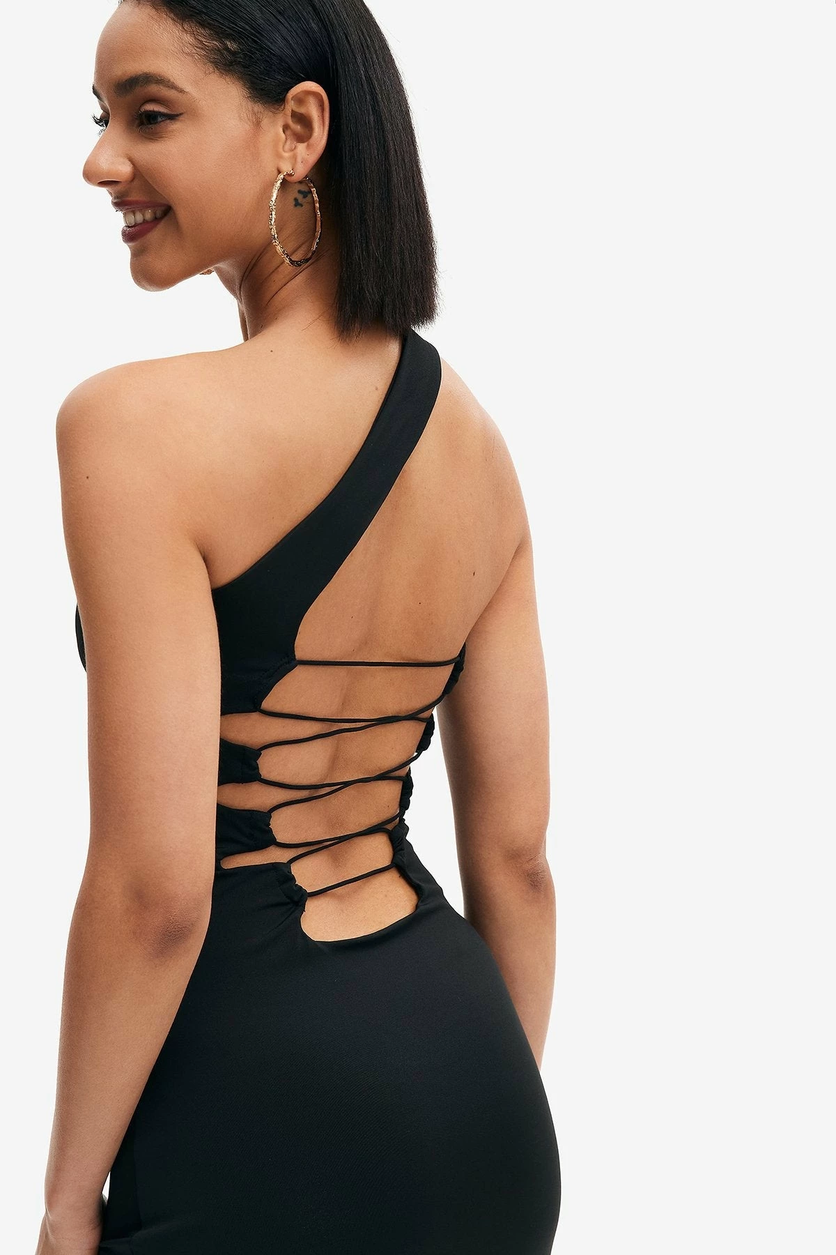 Solado One Shoulder Lace Up Backless Split Hem Mini Dress 2 Solado One Shoulder Lace Up Backless Split Hem Mini Dress - Image 2