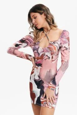 Solado Abstract Print Cross Halter Neck Mini Dress