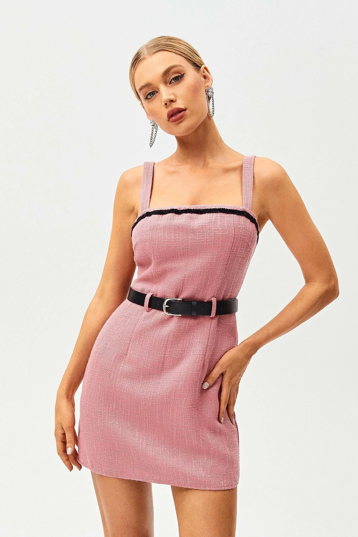 SOLADO Square Neck Colorblock Trim Mini Dress With Belt 2 SOLADO Square Neck Colorblock Trim Mini Dress With Belt - Image 2