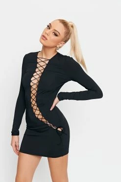 Alternative view of SOLADO Lace Up Cinched Waist Long Sleeve Mini Dress