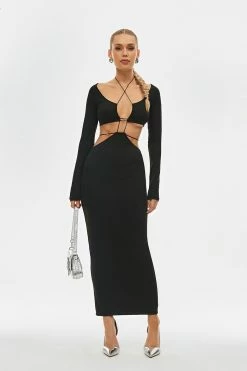 SOLADO Halter Neck Cut Out Long Sleeve Bodycon Dress