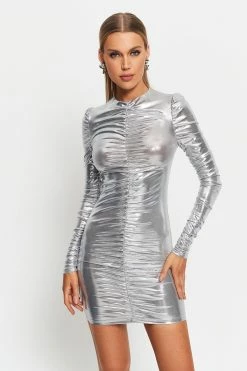 Alternative view of SOLADO Ruched Cinched Waist Long Sleeve Sheen Mini Dress