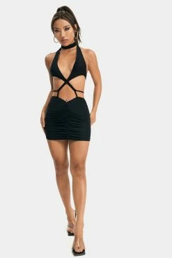 Alternative view of SOLADO Plunging Neck Cut Out Tie Backless Bodycon Mini Dress