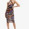 Solado Abstract Print Cut Out Backless Midi Dress