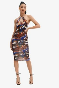 Solado Abstract Print Cut Out Backless Midi Dress
