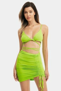 Solado Plunging Neck Cross Tie Ruched Drawstring Mini Dress