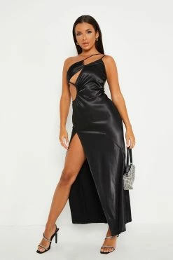 SOLADO Satin One Shoulder Cut Out Split Hem Maxi Dress
