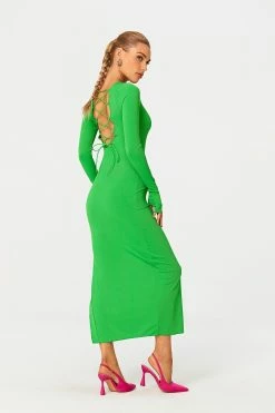 Solado Lace Up Open Back Split Hem Long Sleeve Midi Dress