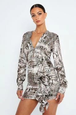 SOLADO Snake Print Ruffle Trim Long Sleeve Mini Dress