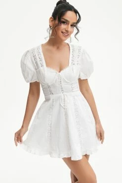 Solado Lettuce Trim Floral Lace Puff Sleeve Backless Mini Dress