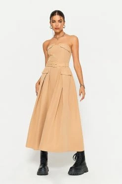 SOLADO Asymmetrical Neck Cinched Waist Cargo Midi Dress With Belt