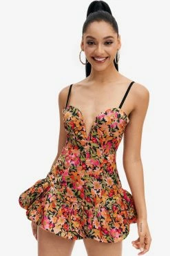 Solado Floral Print Plunging Neck Ruffle Mini Dress