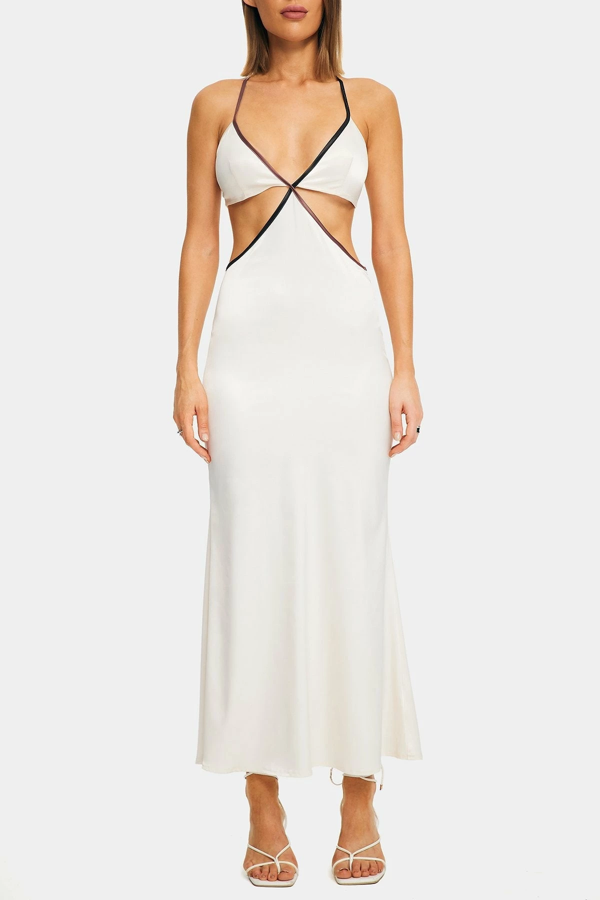 SOLADO Satin Plunging Neck Colorblock Trim Maxi Dress 6 SOLADO Satin Plunging Neck Colorblock Trim Maxi Dress - Image 6