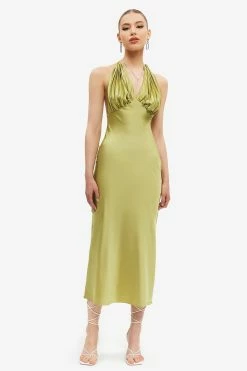 Solado Satin Halter Neck Backless Pleat Midi Dress