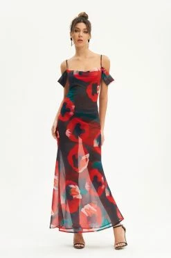 Solado Cold Shoulder Abstract Print Mesh Maxi Dress
