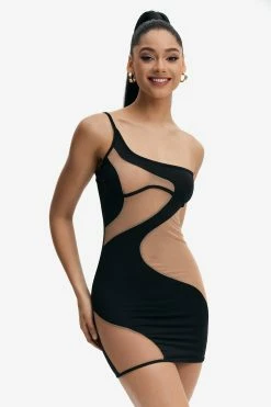 Solado One Shoulder Mesh Splicing Mini Dress