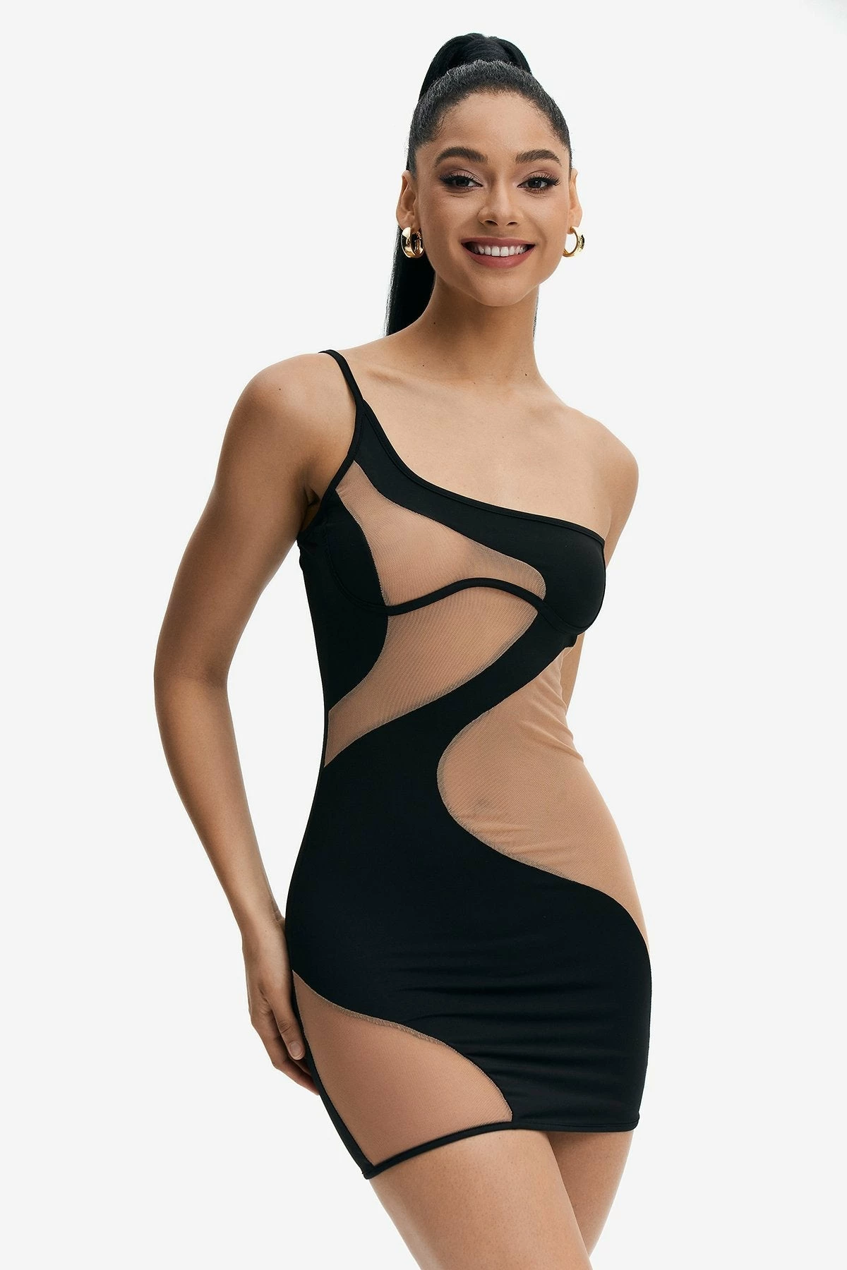 Solado One Shoulder Mesh Splicing Mini Dress 1 Solado One Shoulder Mesh Splicing Mini Dress