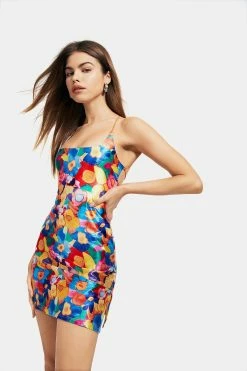 Alternative view of Solado Satin Floral Print Split Hem Lace Up Backless Mini Dress