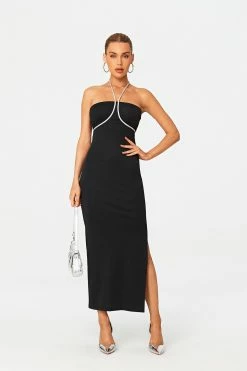 SOLADO Halter Neck Rhinestone Decor Split Hem Maxi Dress