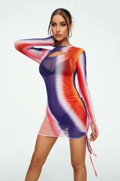 Solado Colorblock Cut Out Mesh Drawstring Ruched Mini Dress