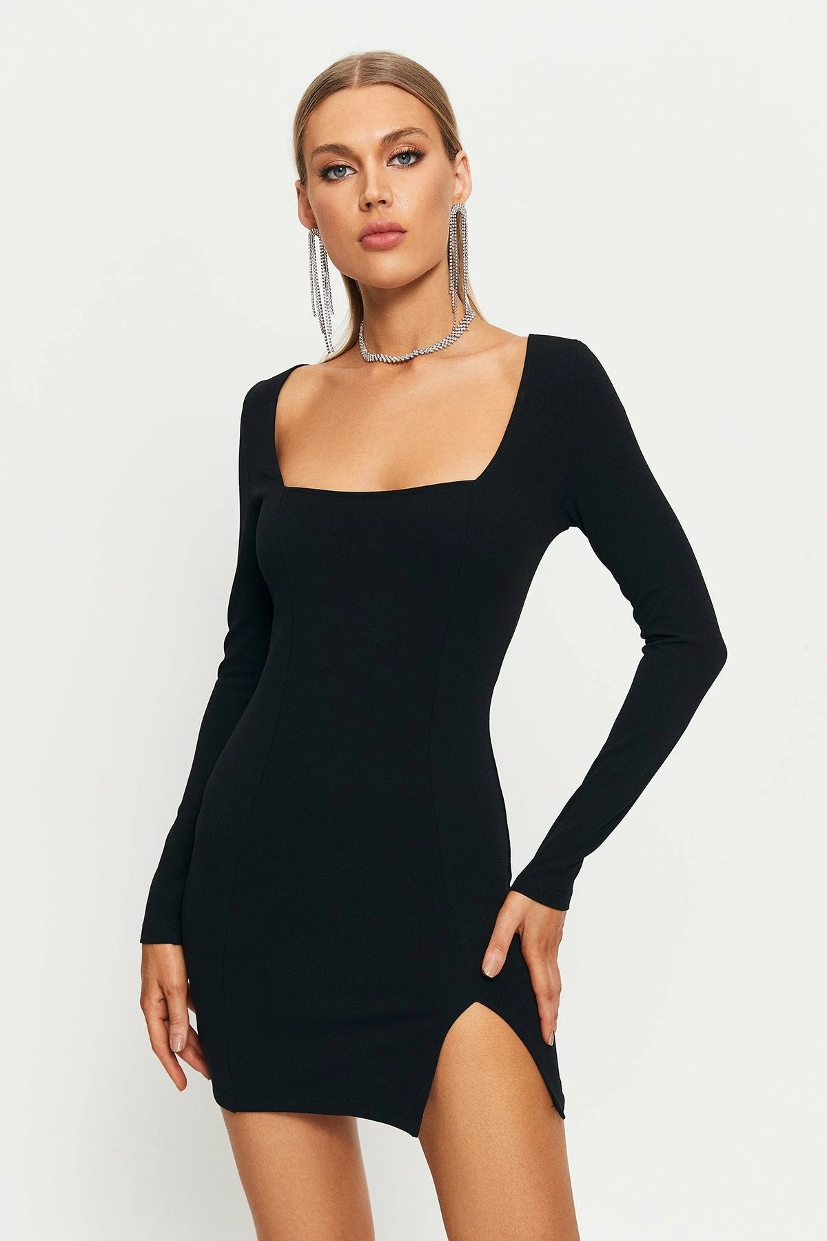 SOLADO Square Neck Split Hem Cinched Waist Mini Dress 2 SOLADO Square Neck Split Hem Cinched Waist Mini Dress - Image 2