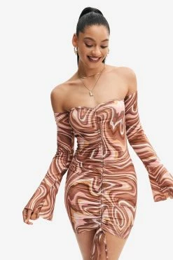 Solado Off Shoulder Swirl Print Flared Sleeve Mini Dress