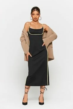 SOLADO Colorblock Trim Split Hem Bodycon Maxi Dress