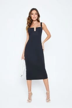 SOLADO Notched Neck Bodycon Twisted Silk Midi Dress