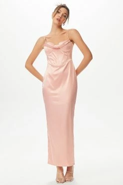 Solado Satin Cowl Neck Boning Split Hem Maxi Dress