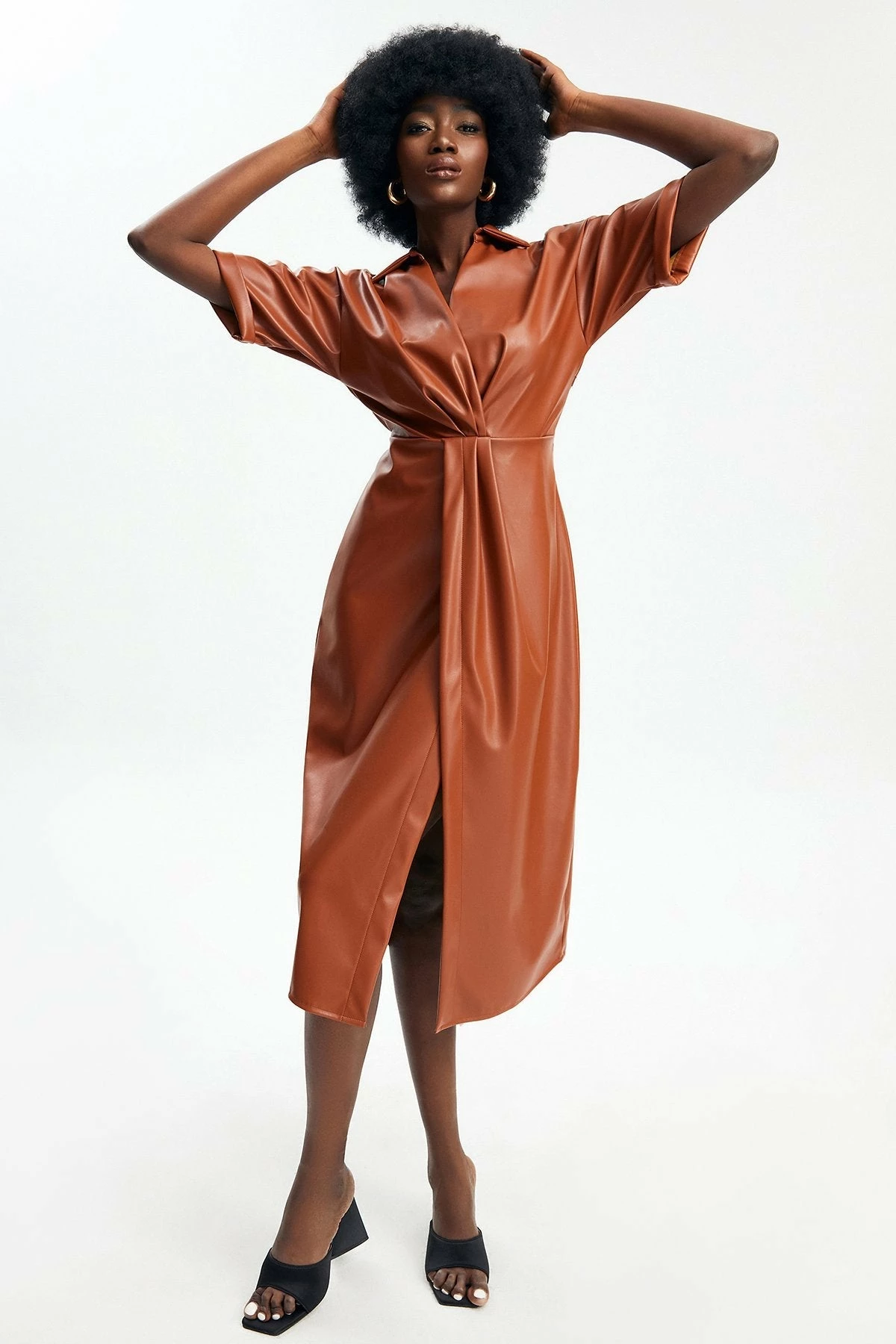 Solado Ruched Slit Hem PU Leather Midi Dress 5 Solado Ruched Slit Hem PU Leather Midi Dress - Image 5