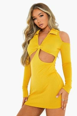SOLADO Cold Shoulder Cut Out Ribbed Long Sleeve Mini Dress