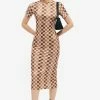 Solado Checkerboard Print Short Sleeve Bodycon Maxi Dress