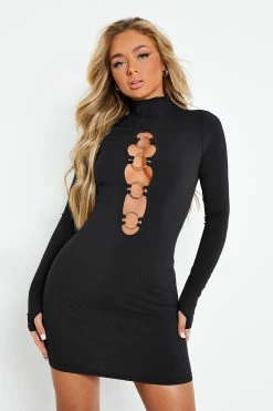 SOLADO O-Ring Front Cut Out Long Sleeve Mini Dress