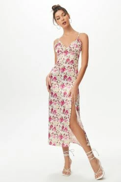 Solado Floral Print Plunging Neck Split Leg Midi Dress