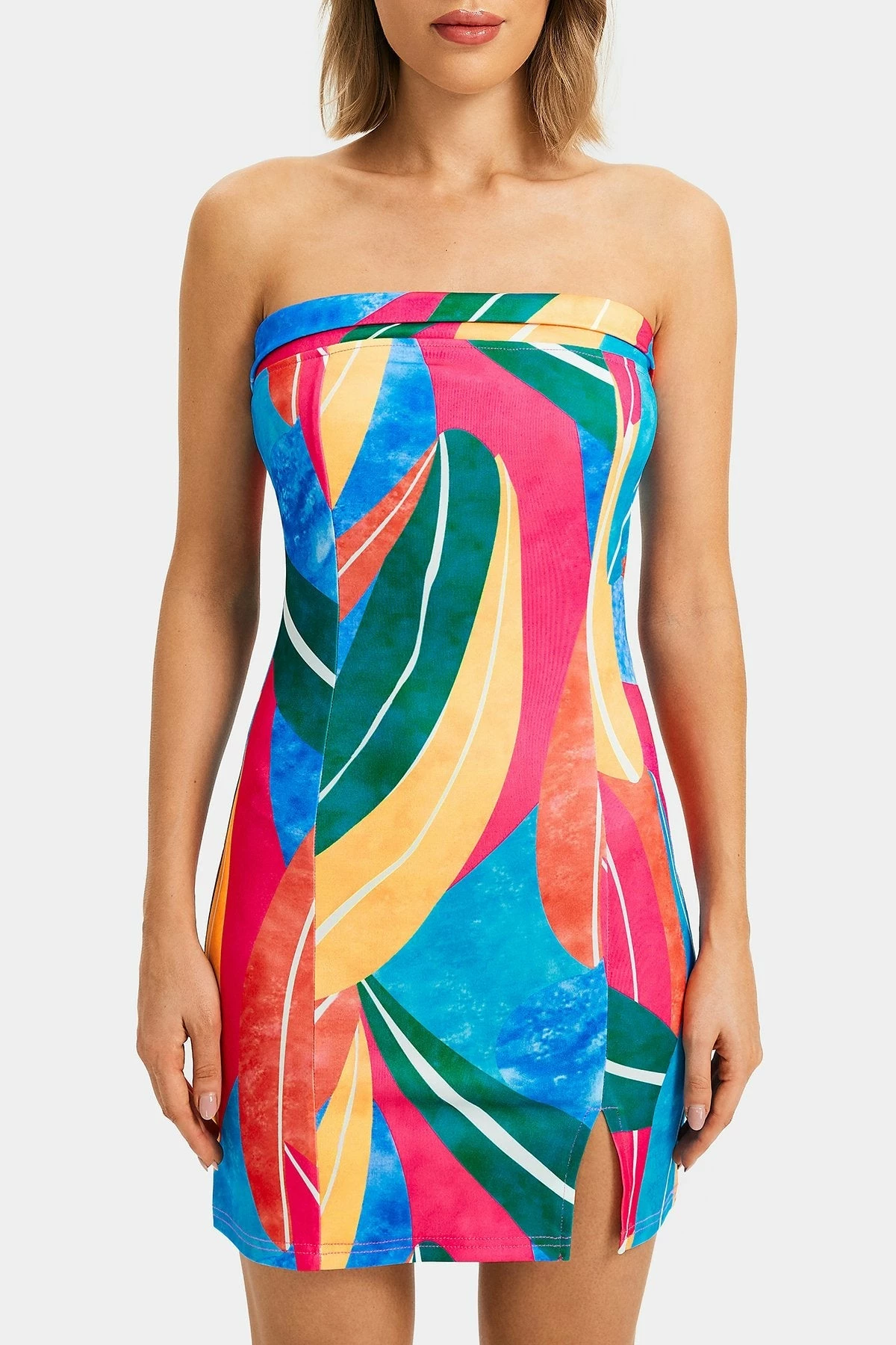 Solado Abstract Print Split Hem Colorblock Tube Mini Dress 6 Solado Abstract Print Split Hem Colorblock Tube Mini Dress - Image 6