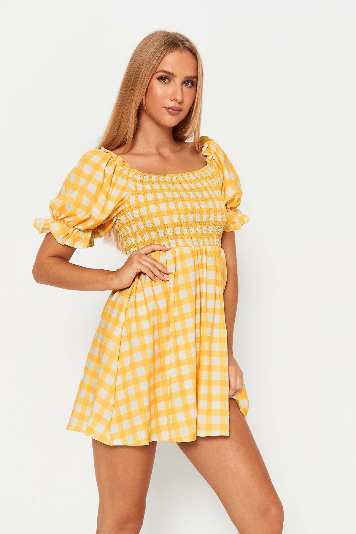 Solado Square Neck Check Print Puff Sleeve Mini Dress 2 Solado Square Neck Check Print Puff Sleeve Mini Dress - Image 2