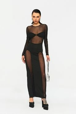 SOLADO Mesh Splicing Long Sleeve Bodycon Maxi Dress