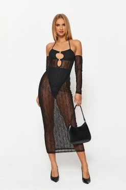 Solado Halter Neck Mesh Splicing Cut Out Midi Dress