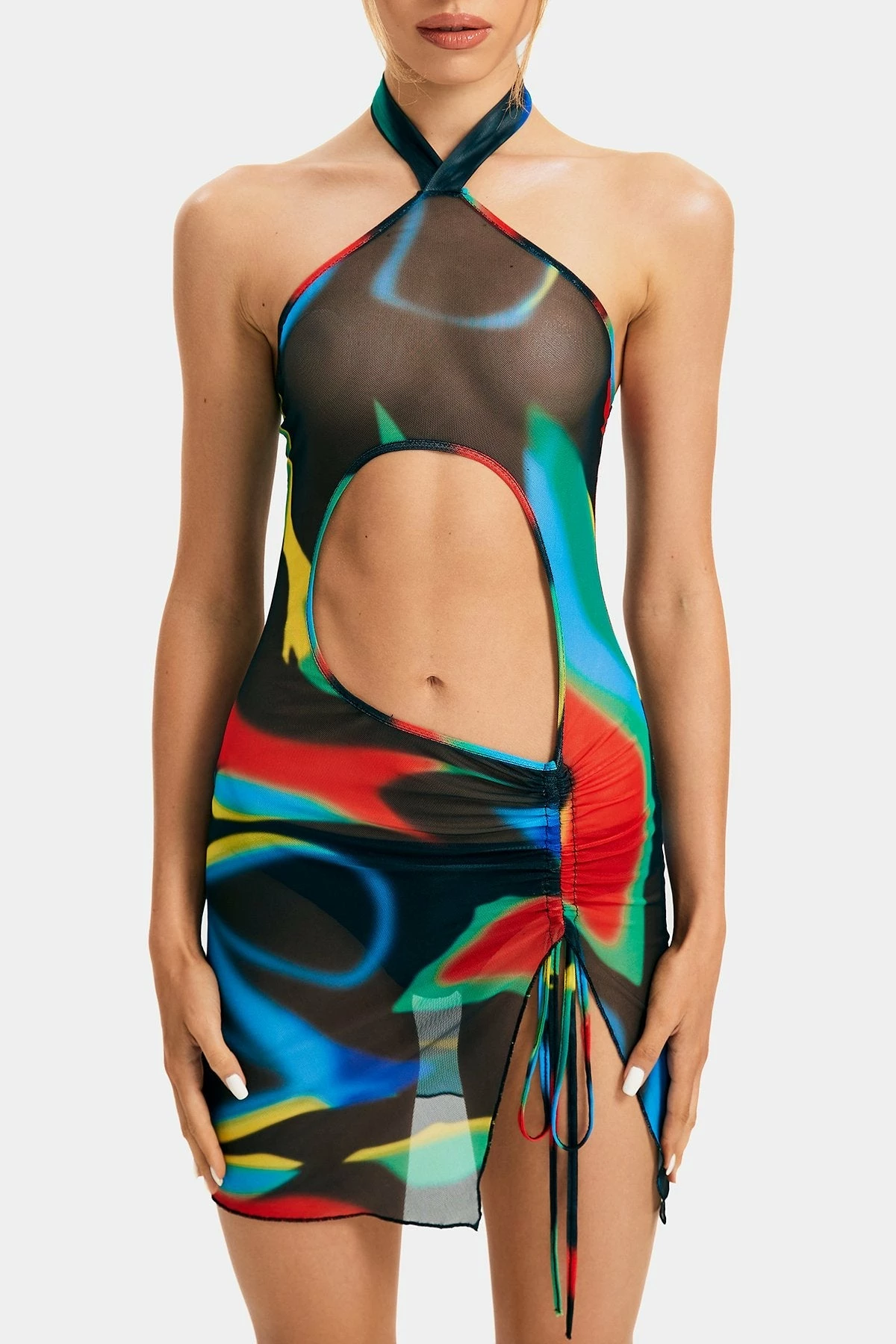 SOLADO Abstract Print Cut Out Mesh Drawstring Mini Dress 6 SOLADO Abstract Print Cut Out Mesh Drawstring Mini Dress - Image 6