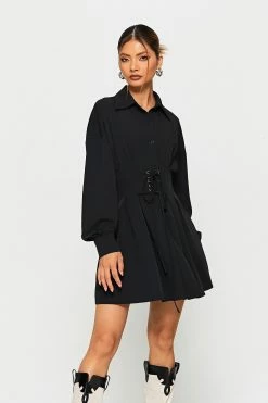 SOLADO Lace Up Cinched Waist Open Back Draped Mini Dress
