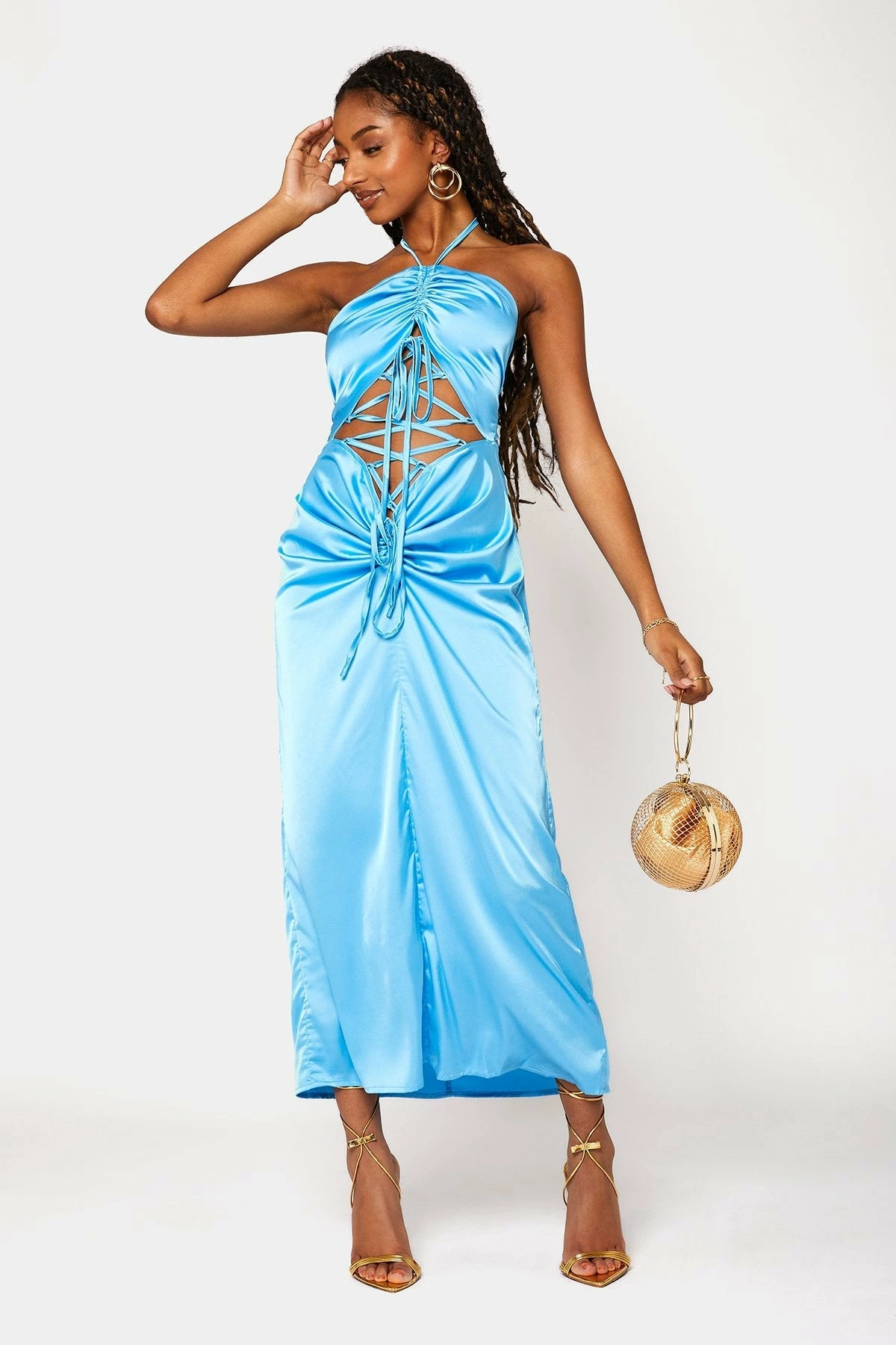 SOLADO Satin Lace Up Ruched Backless Maxi Dress 4 SOLADO Satin Lace Up Ruched Backless Maxi Dress - Image 4