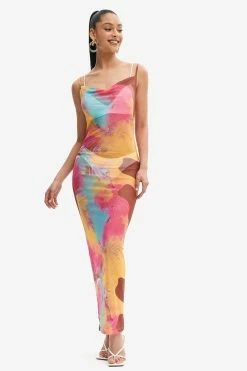 Solado Cowl Neck Abstract Print Mesh Maxi Dress Without Underwear