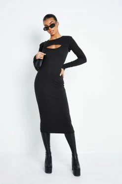 Solado Two Piece Cut Out Ribbed Knit Long Sleeve Maxi Dress