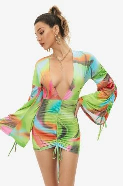 Solado Abstract Print Plunge Neck Drawstring Ruched Mini Dress