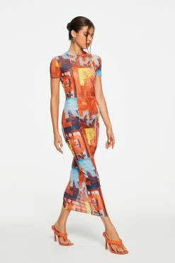 Solado Abstract Print Mesh Short Sleeve Maxi Dress Without Underwear