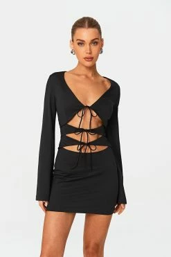 SOLADO Tie Detail Cut Out Flared Sleeve Mini Dress